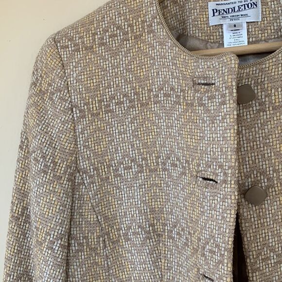 Pendleton Vintage Tan Virgin Wool Cropped Collarless Blazer Jacket women’s Sz 8 - Picture 2 of 9